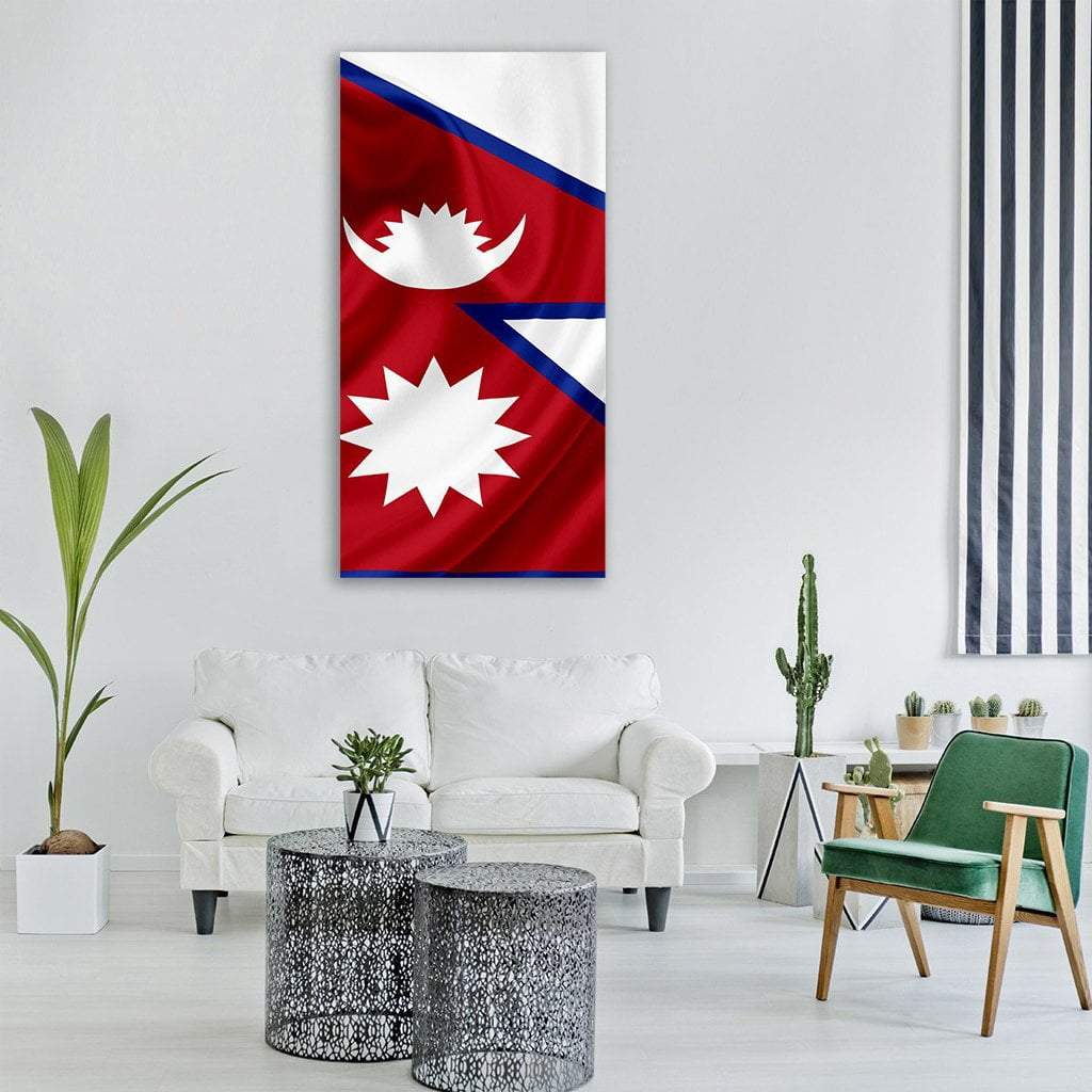 Nepal Waving Flag Vertical Canvas Wall Art in white, red and blue, single vertical panel hung on a wall