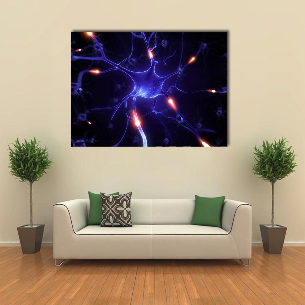 Neuron Illustration with Glowing Dendrites Canvas Wall Art in black, orange and blue, single panel hung on a wall