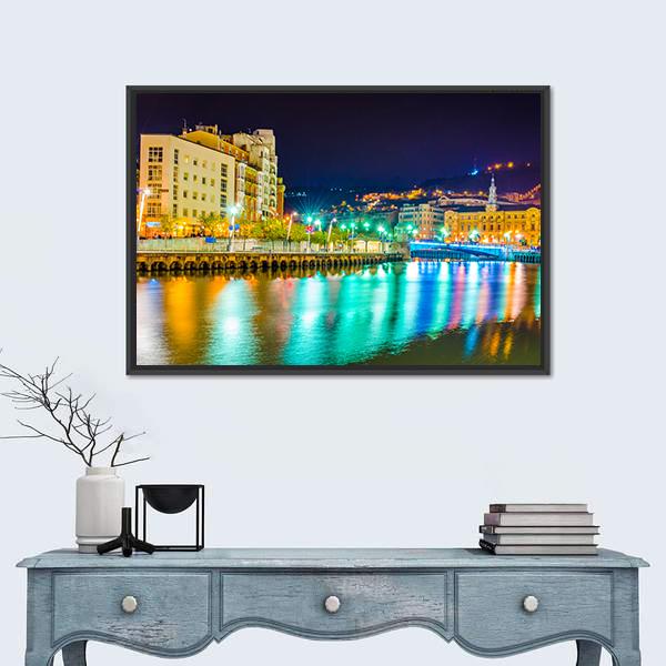 Nervion River at Night Canvas Wall Art in black, yellow and blue, framed canvas, product view on a white background