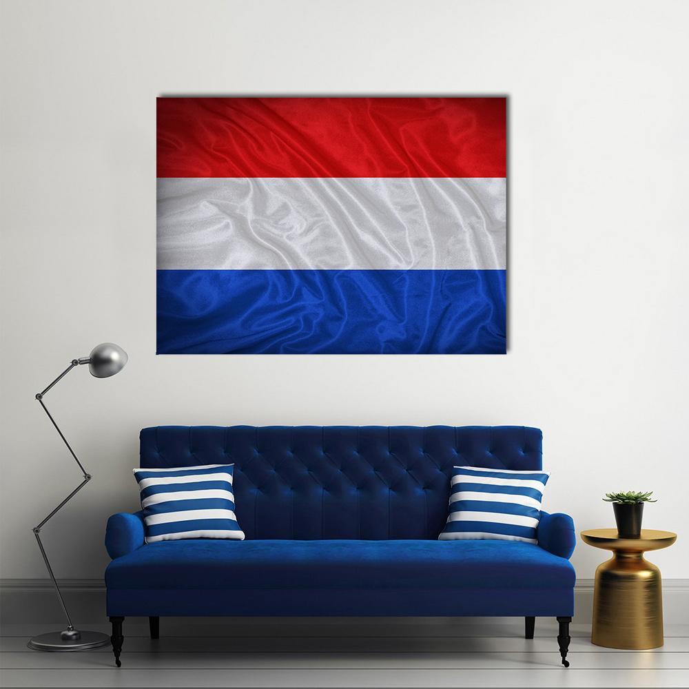 Netherlands Flag with Satin Ripples Canvas Wall Art in white, red and blue, single panel hung on a wall
