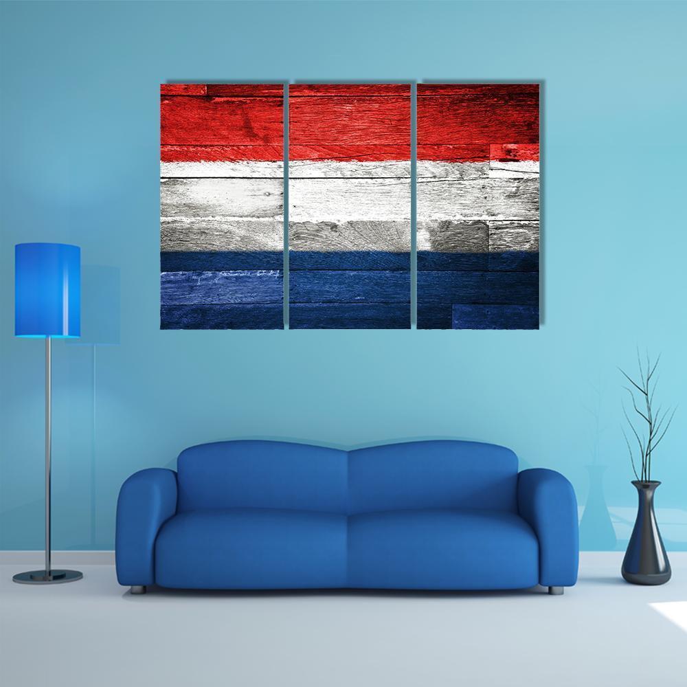Netherlands Flag on Wood Canvas Wall Art in white, red and blue, 3 panel horizontal set hung on a wall