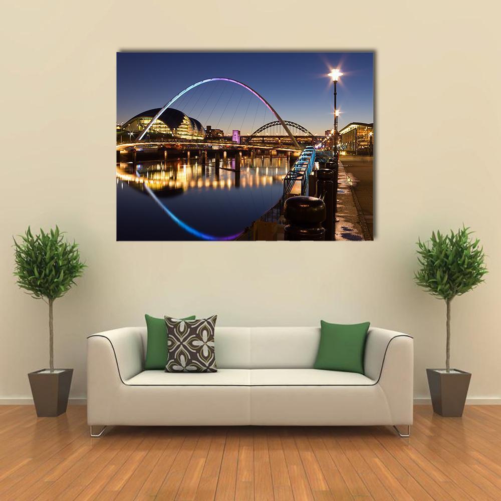 Newcastle Quayside Night Cityscape Canvas Wall Art in black, yellow and blue, single panel hung on a wall