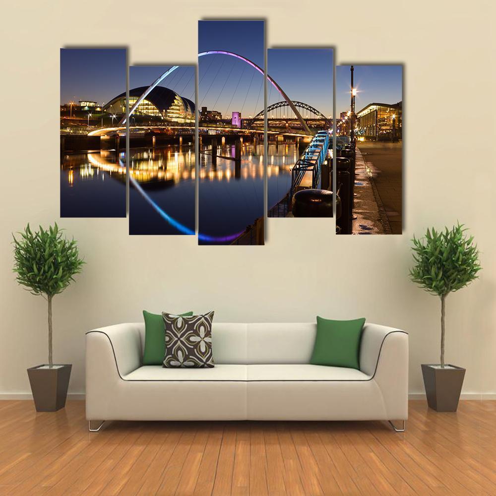 Newcastle Quayside At Night Canvas Wall Art-5 Pop-Gallery Wrap-47" x 32"-Tiaracle