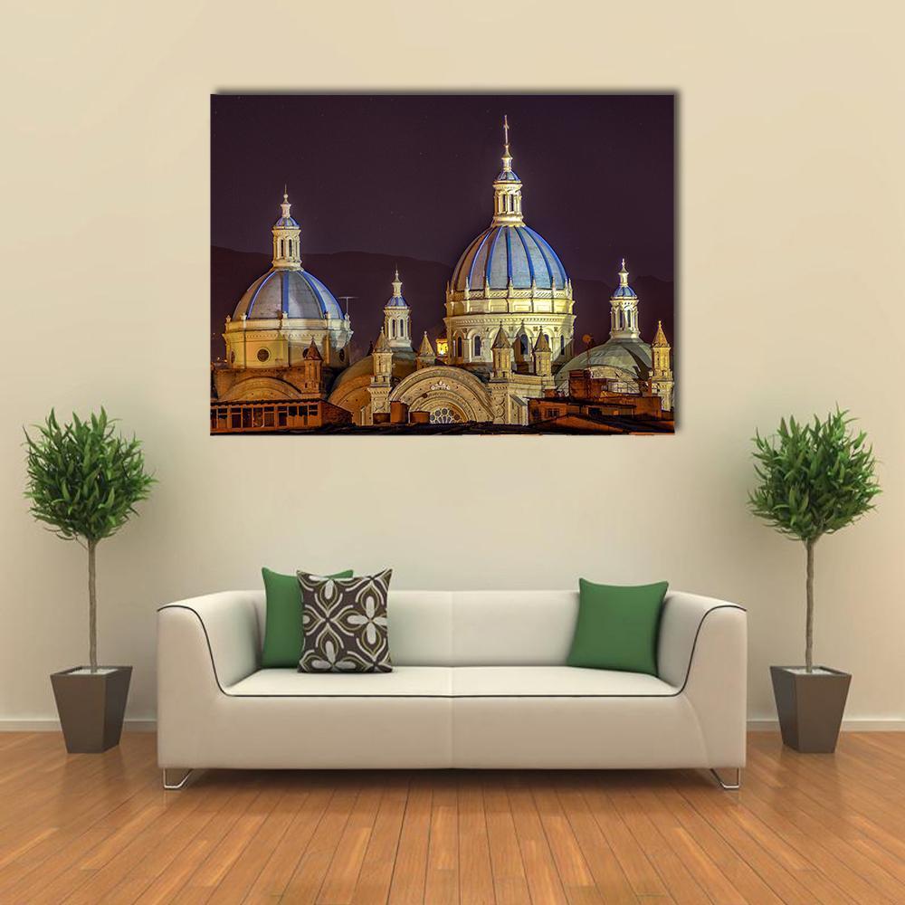 New Cathedral of Cuenca Night View Canvas Wall Art in black, yellow and blue, single panel hung on a wall