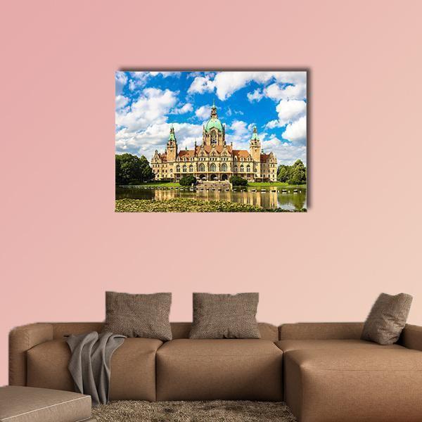 New City Hall Hanover Canvas Wall Art in white, beige and blue, single panel hung on a wall