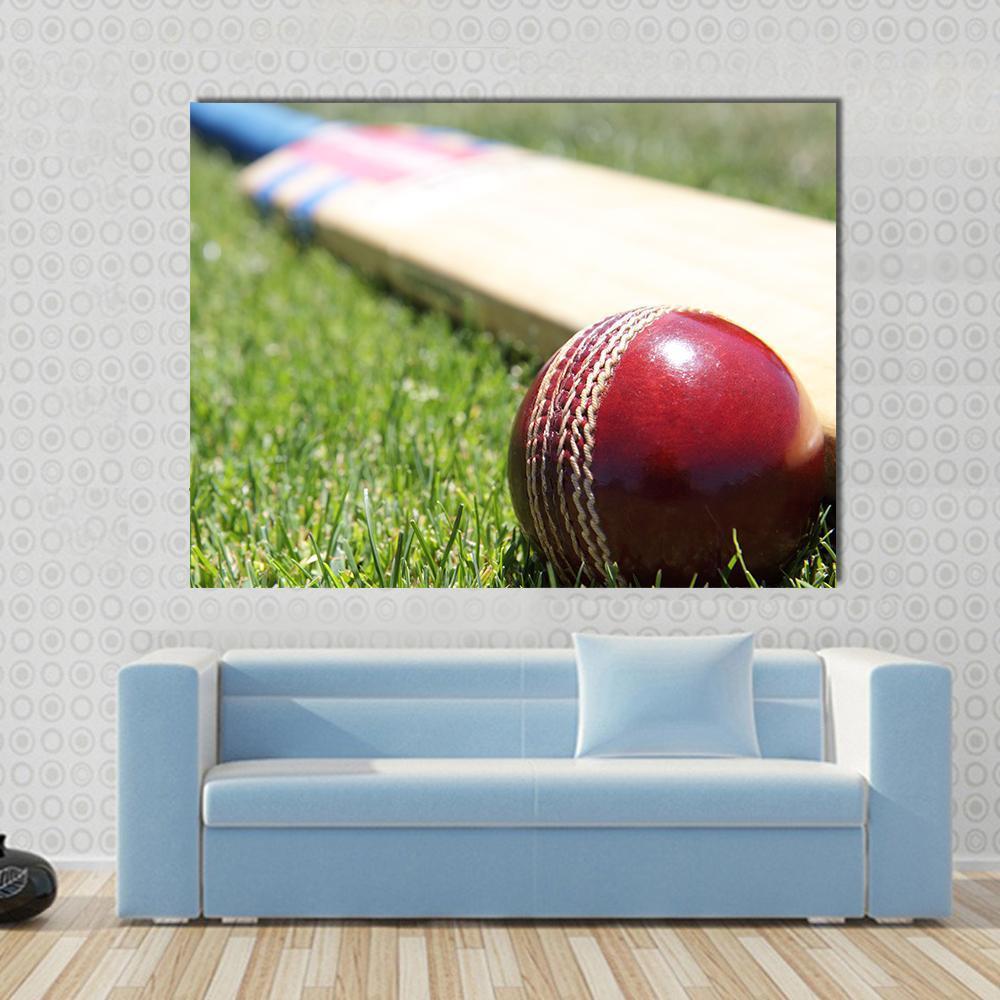 Cricket Ball and Bat on Grass Canvas Wall Art in beige, red and green, single panel hung on a wall