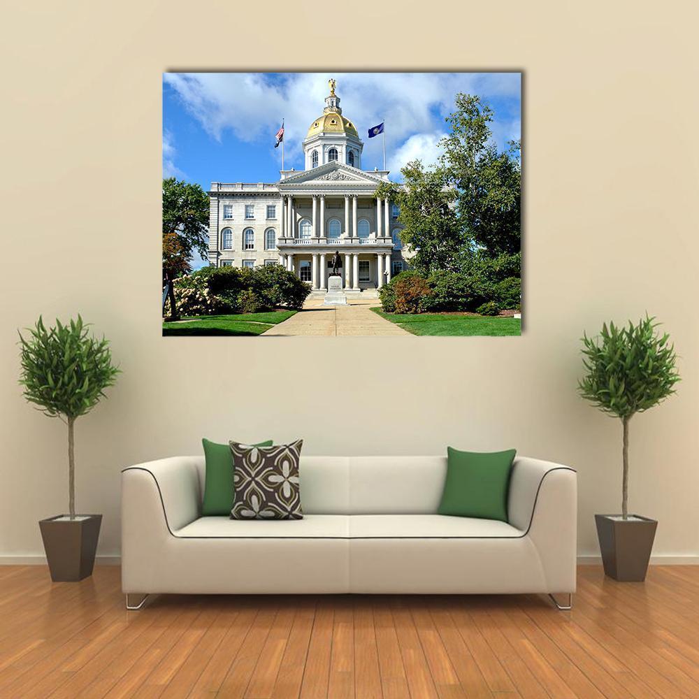 New Hampshire State House Canvas Wall Art in white, green and blue, single panel hung on a wall