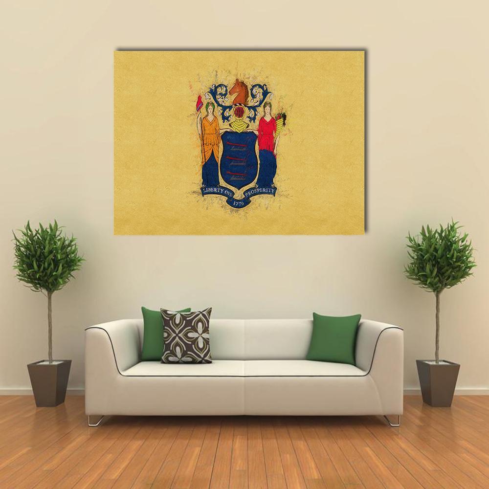 New Jersey Flag with State Seal Canvas Wall Art in beige, yellow and blue, single panel hung on a wall