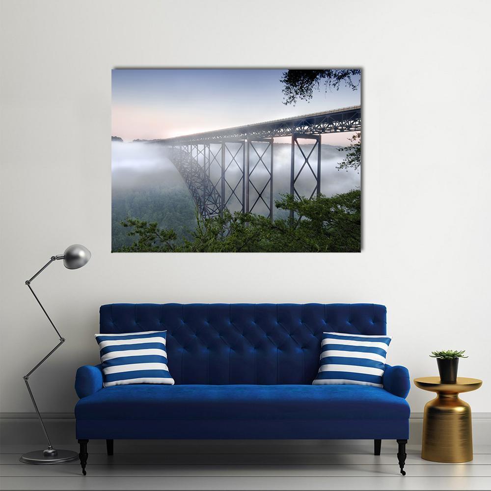 New River Gorge Bridge Canvas Wall Art in gray, green and blue, single panel hung on a wall