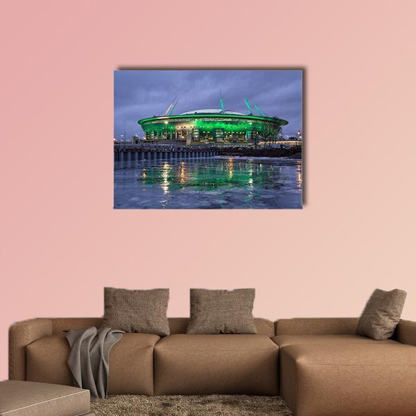 Krestovsky Island at Night Canvas Wall Art in green and blue, single panel hung on a wall