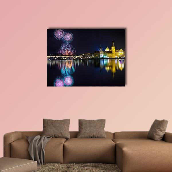 Prague New Year Night with Fireworks Canvas Wall Art in black, yellow and blue, single panel hung on a wall