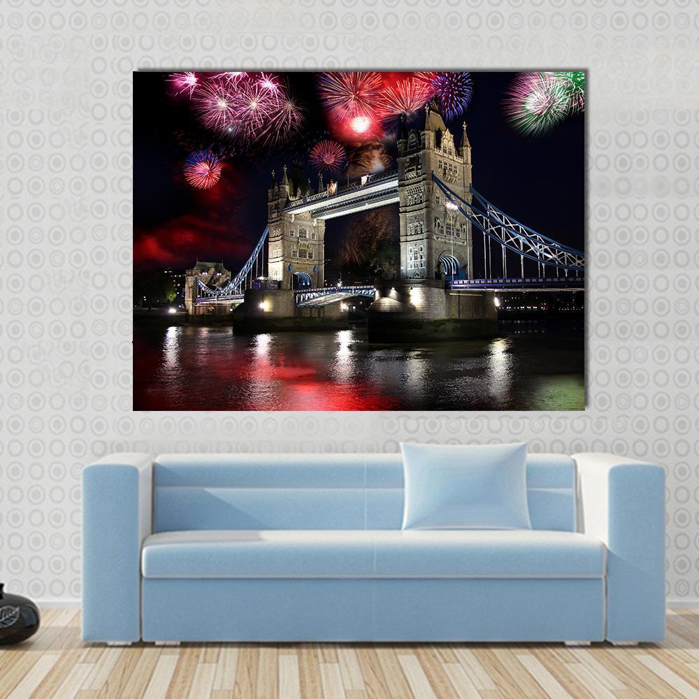 Tower Bridge Fireworks Canvas Wall Art in black, red and blue, single panel hung on a wall