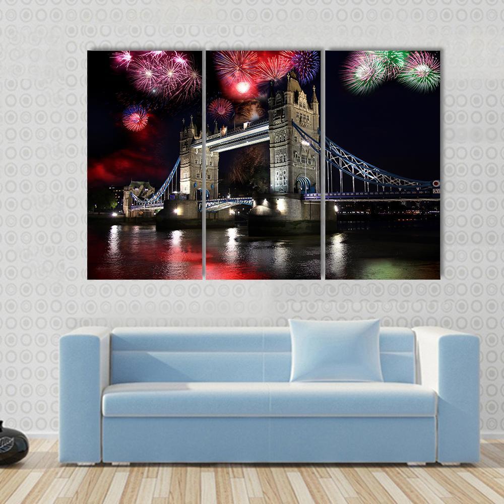 Tower Bridge With Firework Canvas Wall Art-3 Horizontal-Gallery Wrap-37" x 24"-Tiaracle