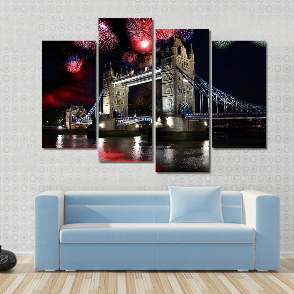 Tower Bridge With Firework Canvas Wall Art-4 Pop-Gallery Wrap-50" x 32"-Tiaracle