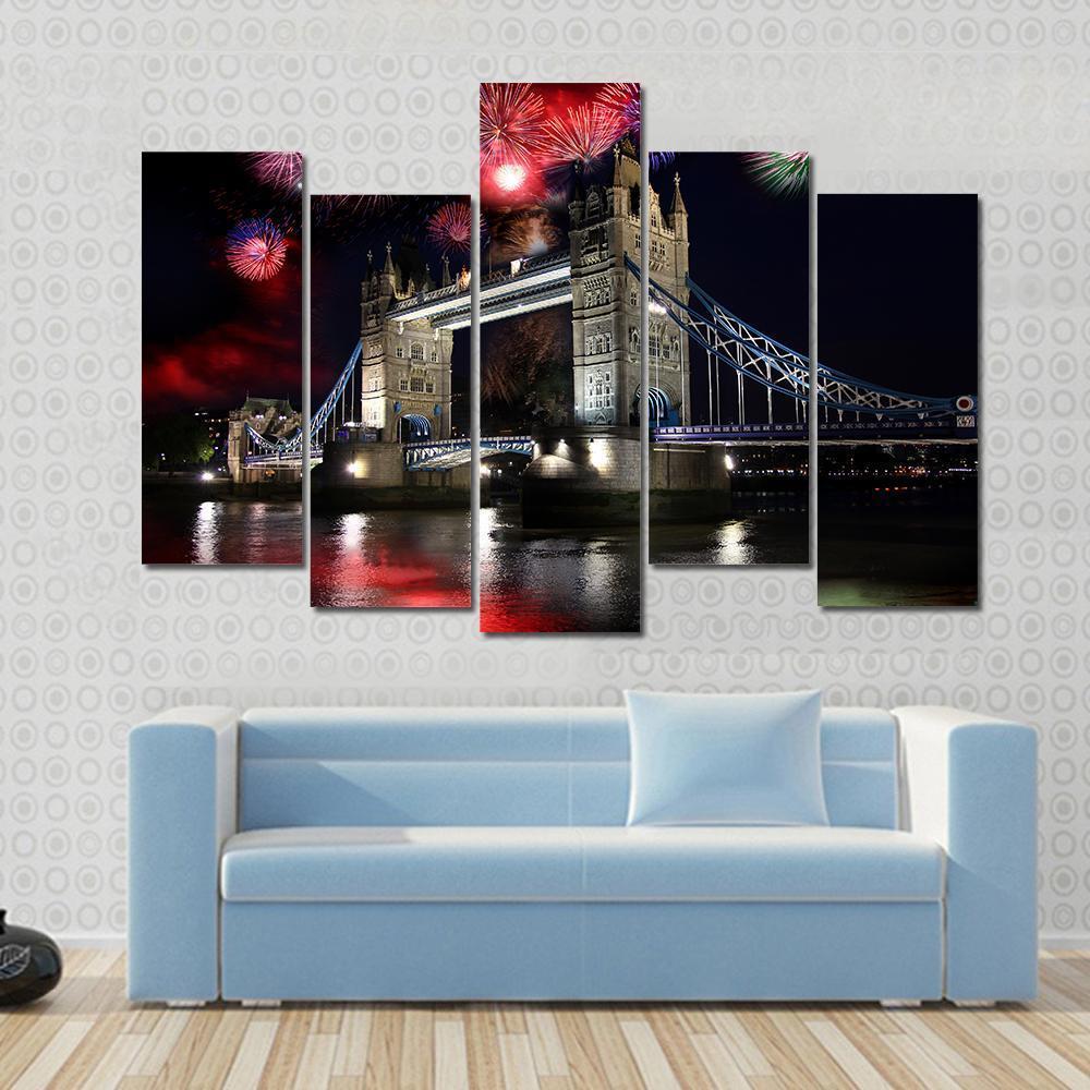 Tower Bridge With Firework Canvas Wall Art-5 Pop-Gallery Wrap-47" x 32"-Tiaracle