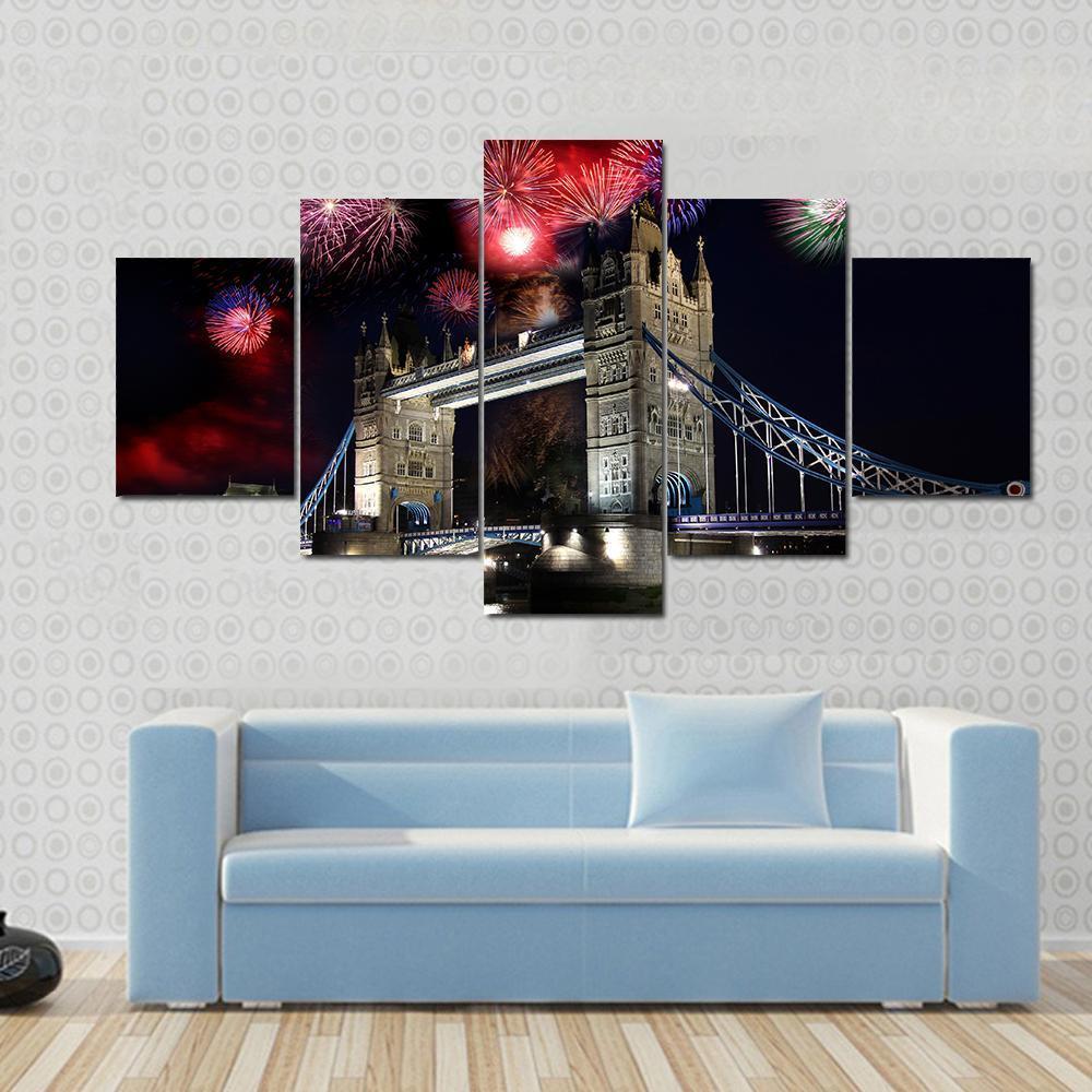 Tower Bridge With Firework Canvas Wall Art-5 Pop-Gallery Wrap-47" x 32"-Tiaracle