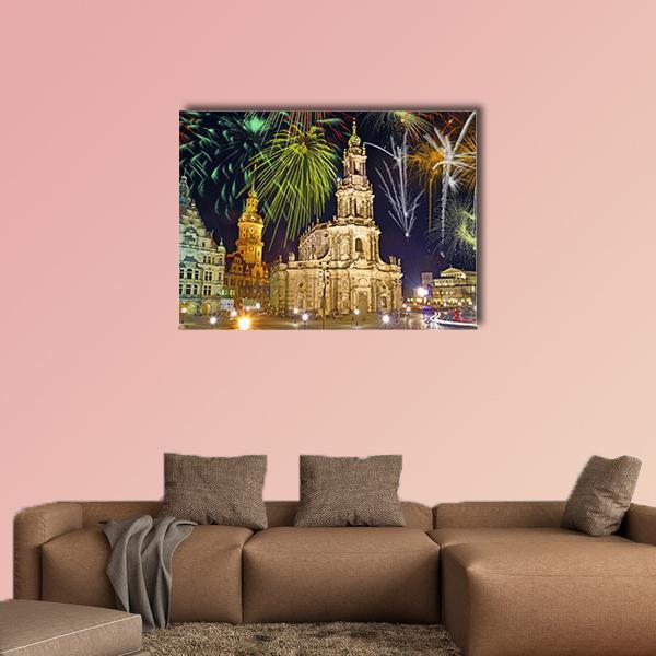 Dresden Fireworks Over Church Skyline Canvas Wall Art in black, gold and green, single panel hung on a wall