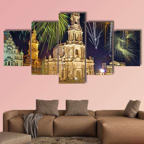 Fireworks In Dresden Canvas Wall Art-5 Star-Gallery Wrap-62" x 32"-Tiaracle