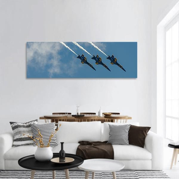 New York Airshow Blue and Yellow Fighter Jets Panoramic Canvas Wall Art in white, yellow and blue, single panel hung on a wall