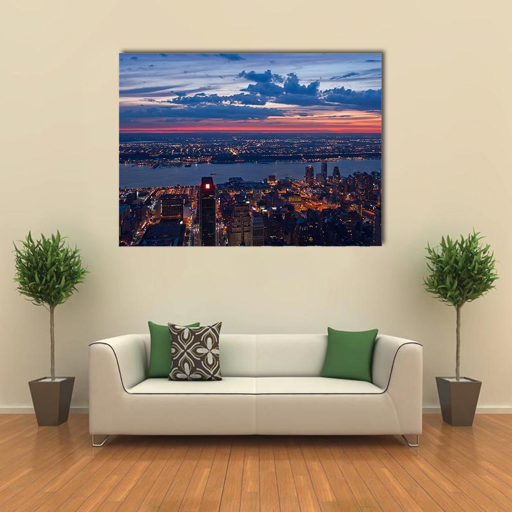 New York &amp; New Jersey Dusk Skyline Canvas Wall Art in black, orange and blue, single panel hung on a wall