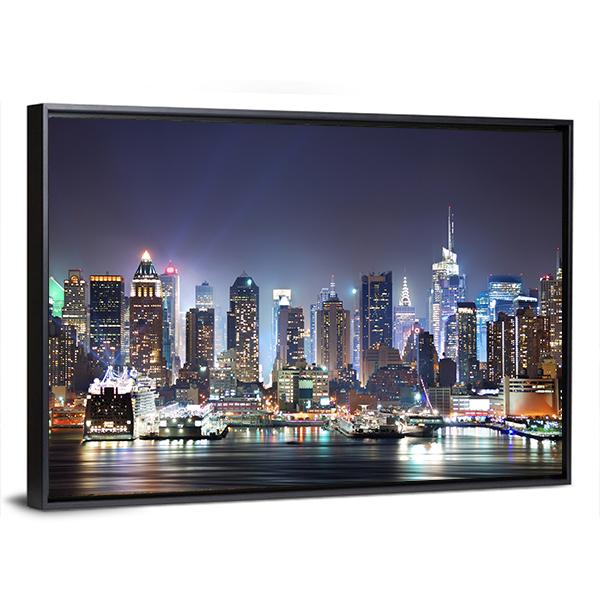 New York At Night Canvas Wall Art-3 Horizontal-Gallery Wrap-25&quot; x 16&quot;-Tiaracle
