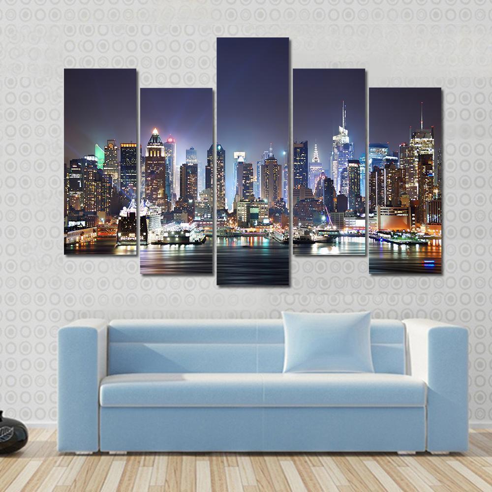 New York At Night Canvas Wall Art-5 Pop-Gallery Wrap-47&quot; x 32&quot;-Tiaracle