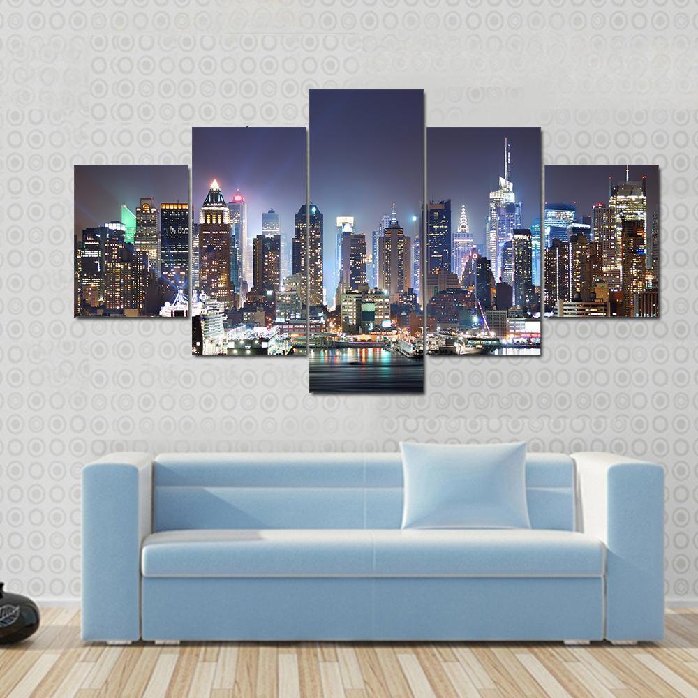 New York At Night Canvas Wall Art-5 Star-Gallery Wrap-62&quot; x 32&quot;-Tiaracle