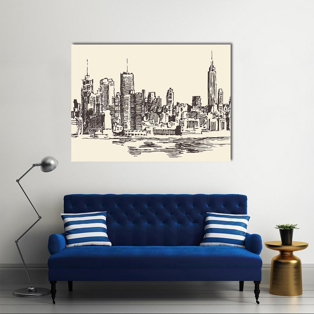 New York City Sketch Canvas Wall Art in black and beige, single panel hung on a wall