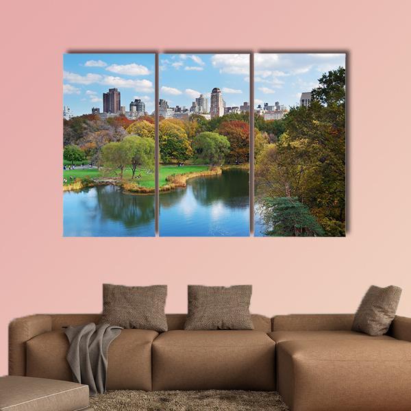 NY Central Park In Autumn Canvas Wall Art-3 Horizontal-Gallery Wrap-37" x 24"-Tiaracle