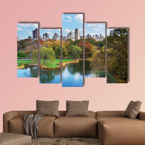 NY Central Park In Autumn Canvas Wall Art-5 Pop-Gallery Wrap-47" x 32"-Tiaracle