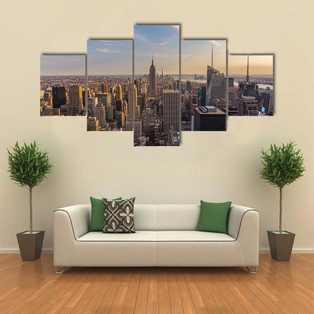 NY City Downtown Skyline Canvas Wall Art-5 Star-Gallery Wrap-62" x 32"-Tiaracle