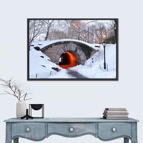 New York City Manhattan Central Park In Winter With Bridge Canvas Wall Art-1 Piece-Floating Frame-24" x 16"-Tiaracle