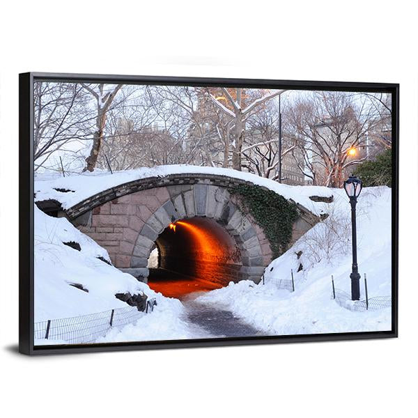 New York City Manhattan Central Park In Winter With Bridge Canvas Wall Art-3 Horizontal-Gallery Wrap-25" x 16"-Tiaracle