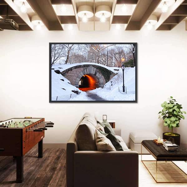 New York City Manhattan Central Park In Winter With Bridge Canvas Wall Art-3 Horizontal-Gallery Wrap-25" x 16"-Tiaracle