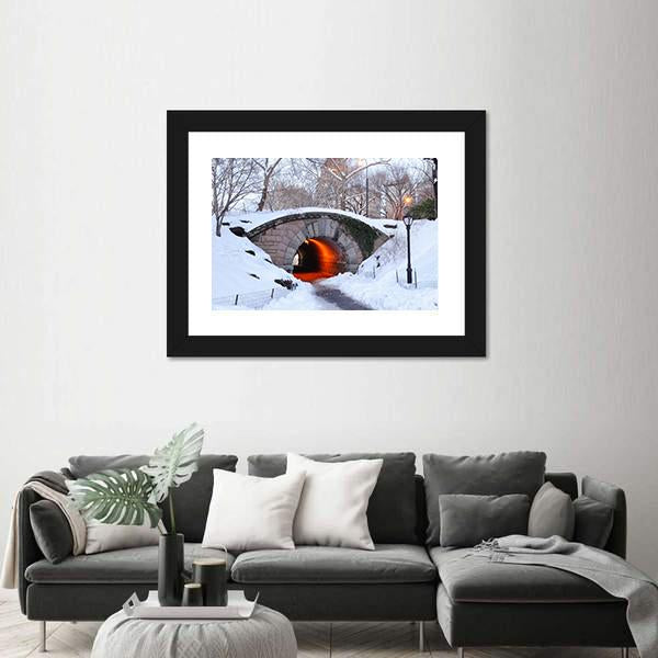 New York City Manhattan Central Park In Winter With Bridge Canvas Wall Art-3 Horizontal-Gallery Wrap-25" x 16"-Tiaracle