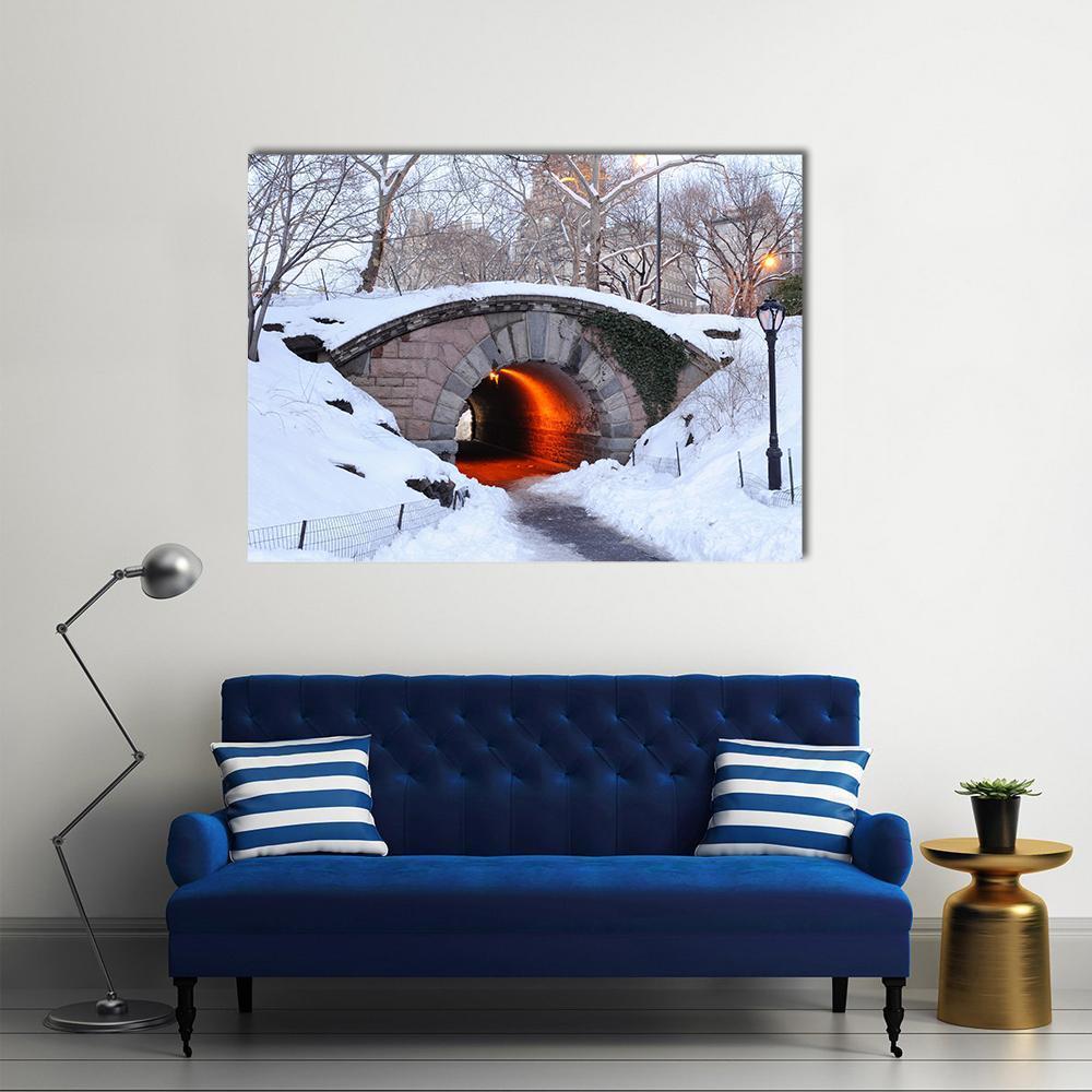 New York City Manhattan Central Park In Winter With Bridge Canvas Wall Art-5 Star-Gallery Wrap-62" x 32"-Tiaracle