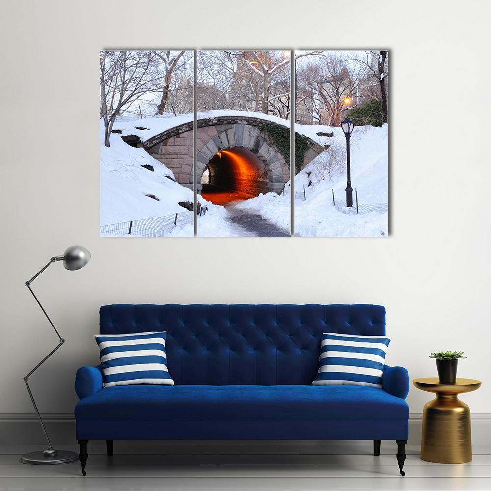 New York City Manhattan Central Park In Winter With Bridge Canvas Wall Art-3 Horizontal-Gallery Wrap-37" x 24"-Tiaracle