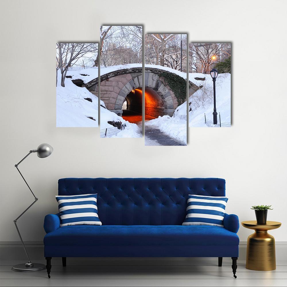 New York City Manhattan Central Park In Winter With Bridge Canvas Wall Art-4 Pop-Gallery Wrap-50" x 32"-Tiaracle