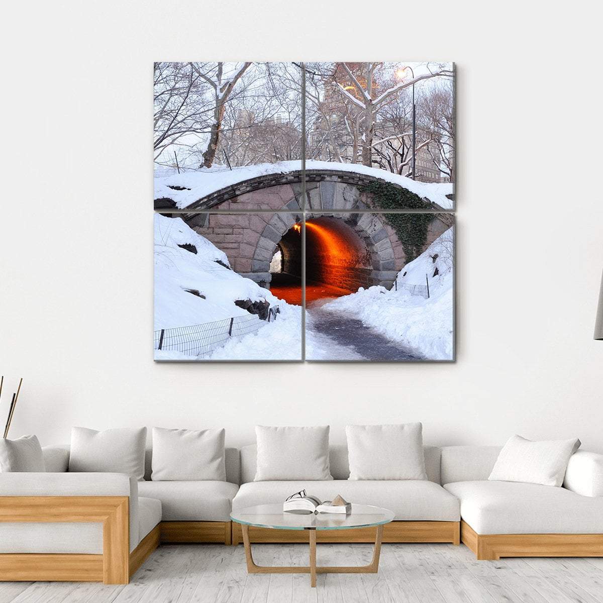 New York City Manhattan Central Park In Winter With Bridge Canvas Wall Art-4 Square-Gallery Wrap-17" x 17"-Tiaracle