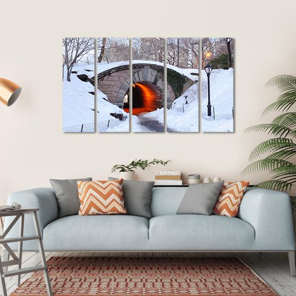 New York City Manhattan Central Park In Winter With Bridge Canvas Wall Art-5 Horizontal-Gallery Wrap-22" x 12"-Tiaracle