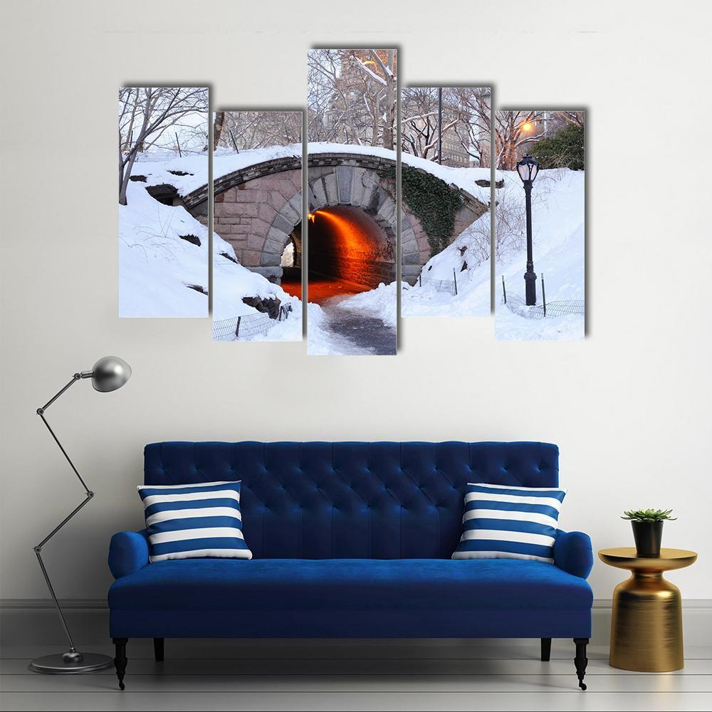 New York City Manhattan Central Park In Winter With Bridge Canvas Wall Art-5 Pop-Gallery Wrap-47" x 32"-Tiaracle