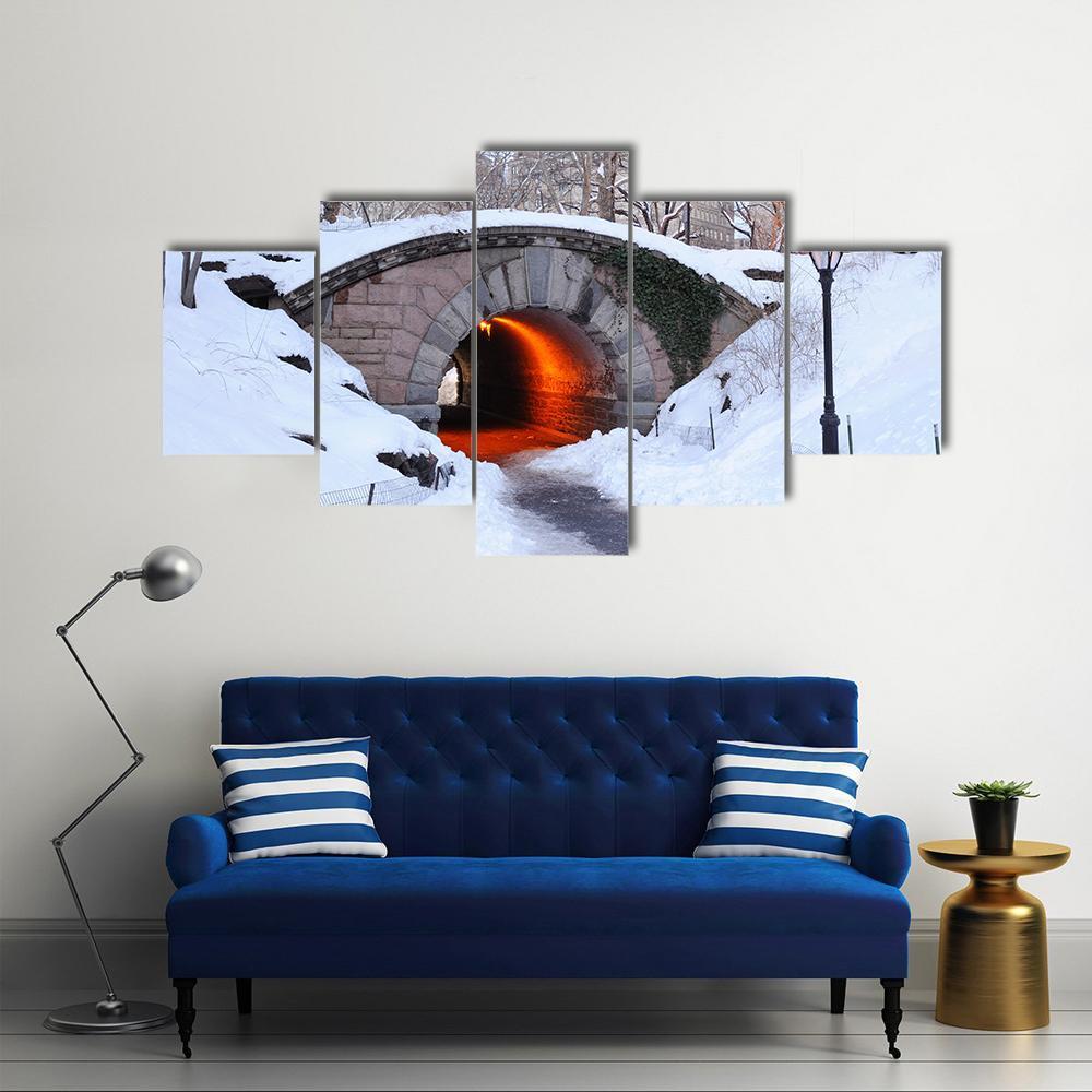 New York City Manhattan Central Park In Winter With Bridge Canvas Wall Art-5 Star-Gallery Wrap-62" x 32"-Tiaracle