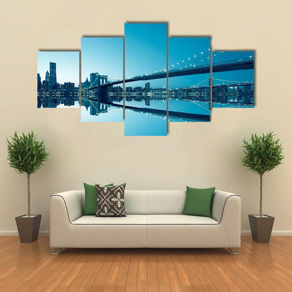Manhattan Skyline &amp; Bridge Canvas Wall Art-5 Star-Gallery Wrap-62" x 32"-Tiaracle