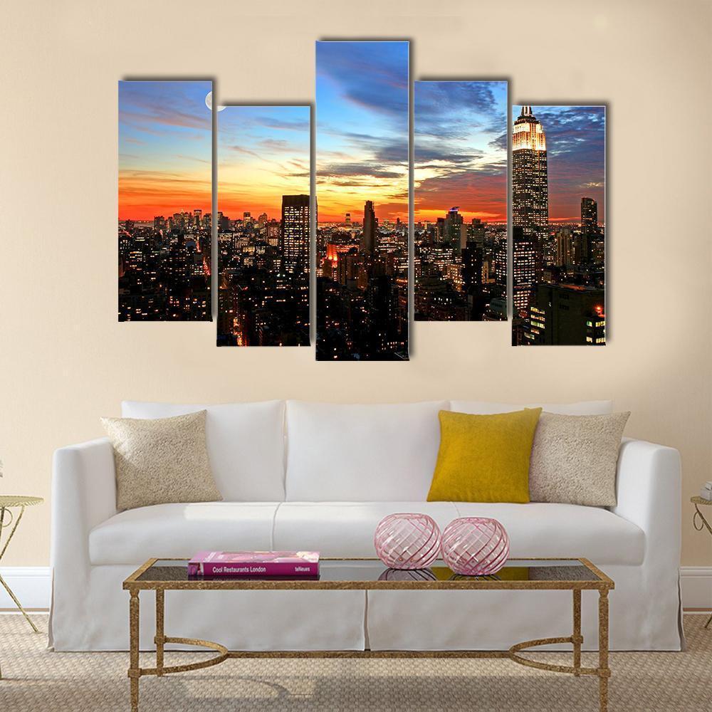 NY Midtown Skyline At Dark Canvas Wall Art-5 Pop-Gallery Wrap-47" x 32"-Tiaracle