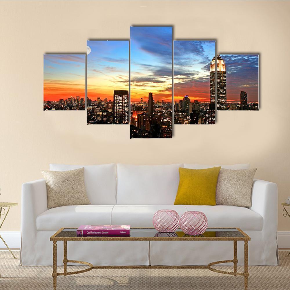 NY Midtown Skyline At Dark Canvas Wall Art-5 Star-Gallery Wrap-62" x 32"-Tiaracle