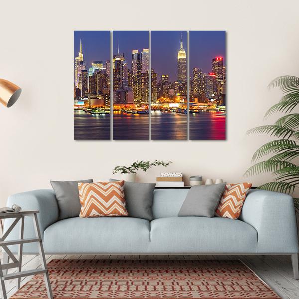 Manhattan At Night Canvas Wall Art-4 Horizontal-Gallery Wrap-34" x 24"-Tiaracle