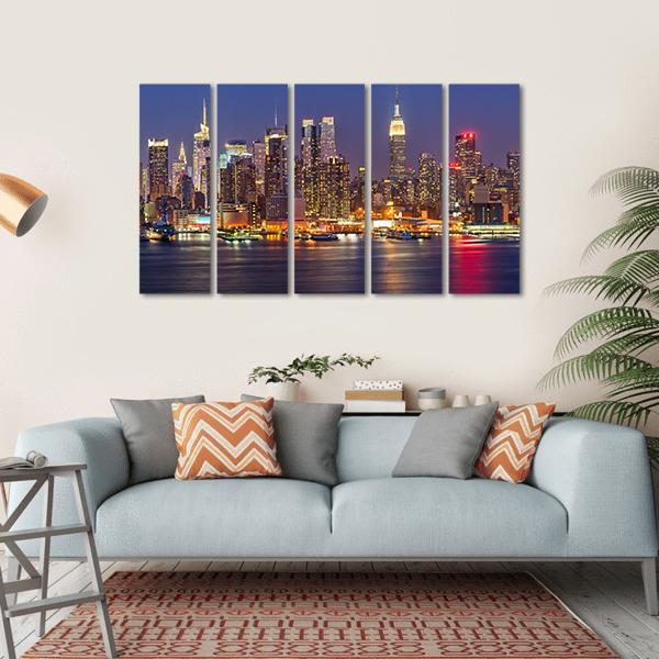 Manhattan At Night Canvas Wall Art-5 Horizontal-Gallery Wrap-22" x 12"-Tiaracle