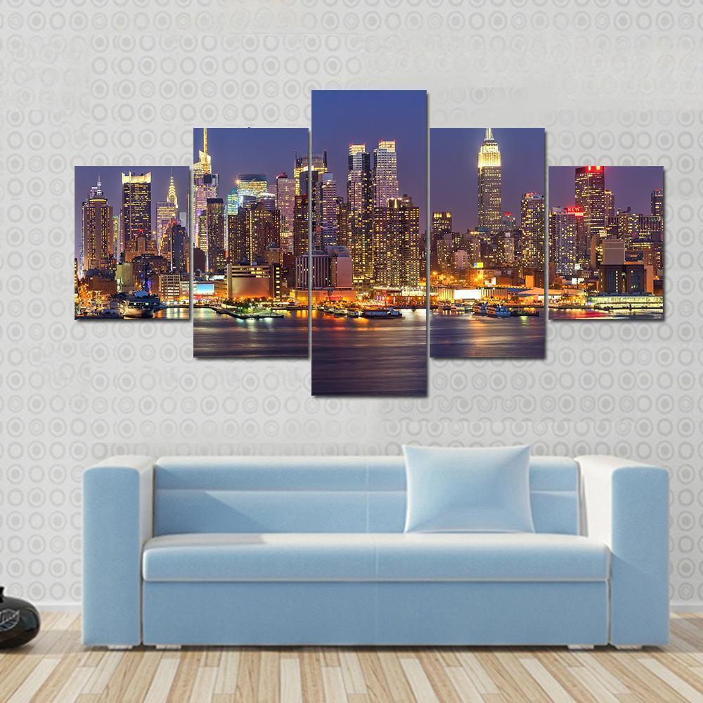 Manhattan At Night Canvas Wall Art-5 Star-Gallery Wrap-62" x 32"-Tiaracle