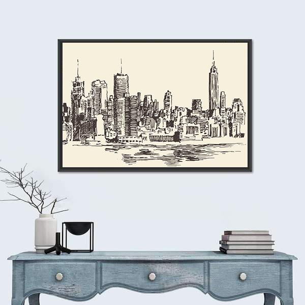 New York City Sketch Canvas Wall Art-1 Piece-Floating Frame-24" x 16"-Tiaracle
