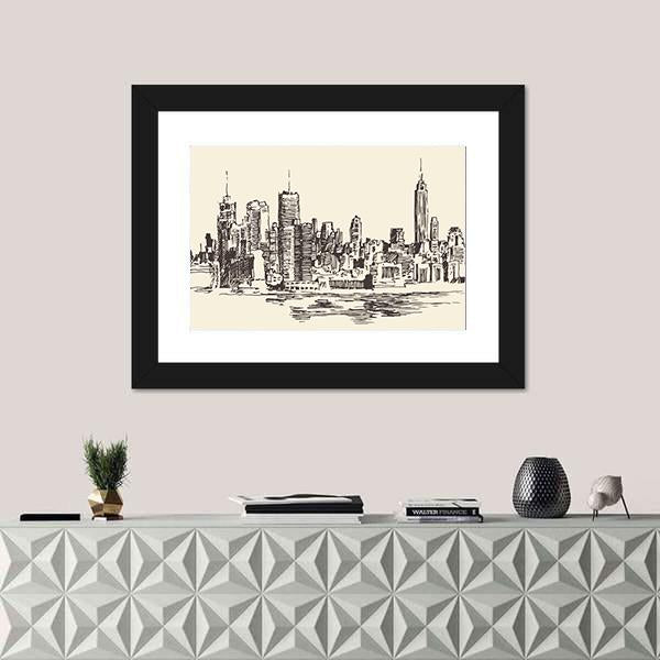 New York City Sketch Canvas Wall Art-1 Piece-Framed Print-20" x 16"-Tiaracle